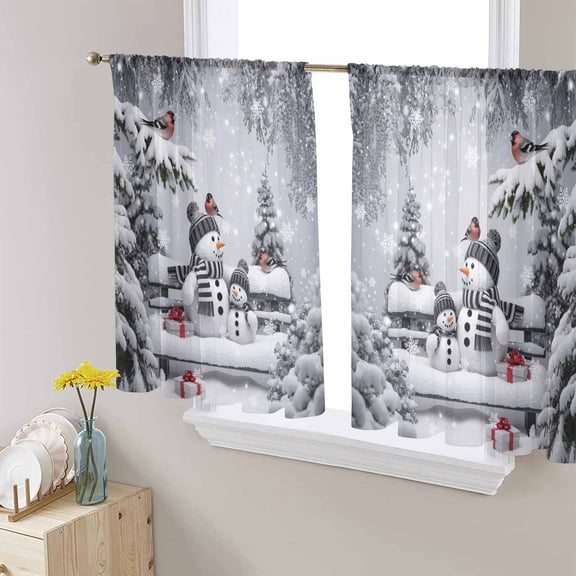 Grey Christmas Sheer Curtains 45 Inches Long, Snowman Xmas Tree Snowflake Birds Light Filtering Window Curtains for Living Room/Bedroom, Rod Pocket Voile Sheer Curtain Drapes, 52"W x 45"L, 2 Panels