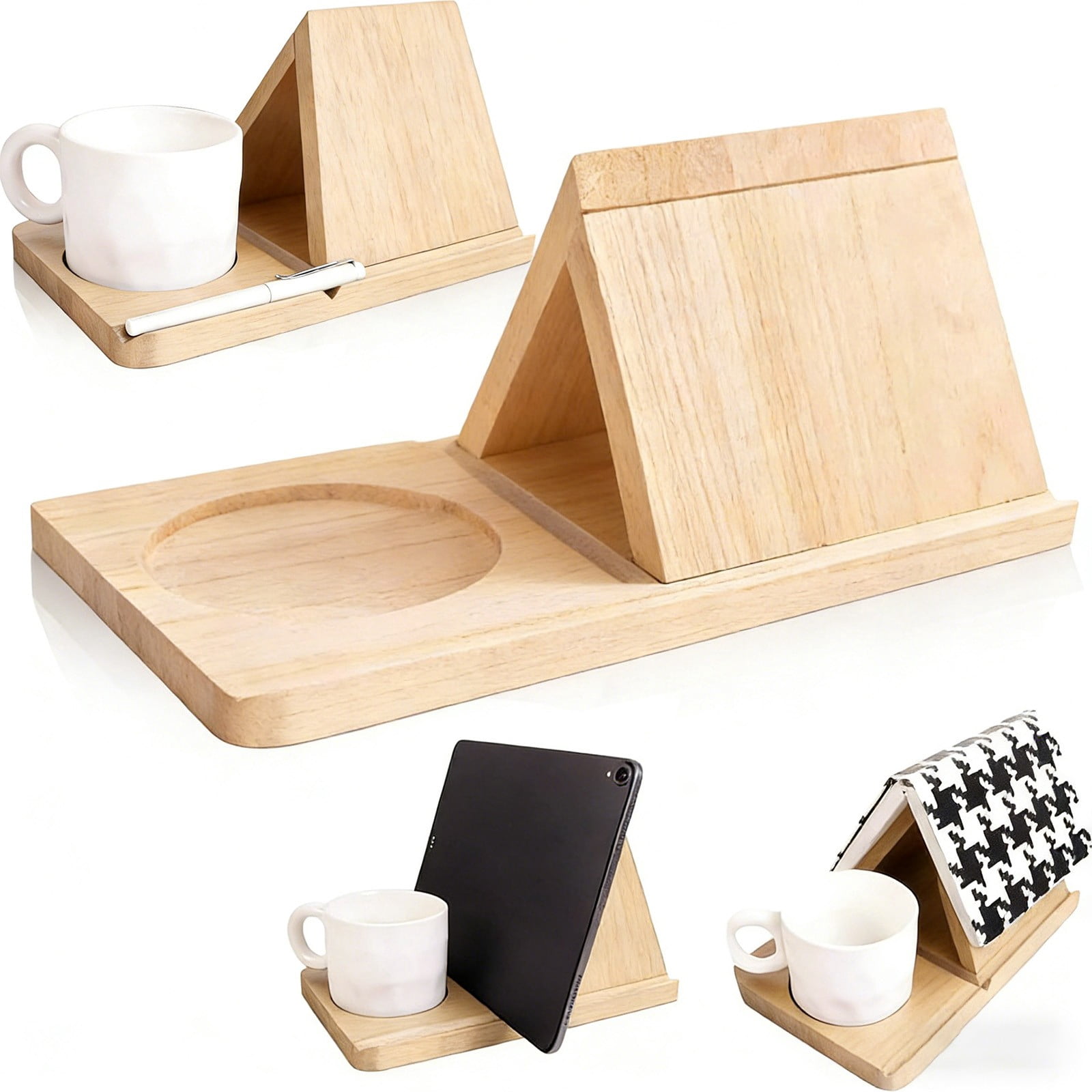 Solivara Wooden Triangular Bookmark Holder Set, Household Triangular Reading Stand With Cup Base Bookshelf That Secures Book Pages(Khaki,6.14*10*6in)