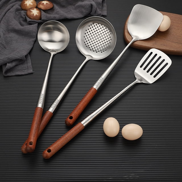 Espátula de acero inoxidable 304 Pala para freír espesa Utensilios de cocina para chef Cuchara para freír Pala para freír Cuchara para sopa de mango largo para el hogar Utensilios de cocina
