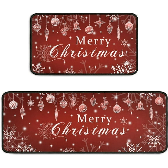 Merry Christmas Kitchen Rugs Set 2 Pieces Non Skid Kitchen Floor Rug and Mat Christmas Kitchen Rug Area Mat Carpets for Holiday Outdoor Decor 17"x47" 17"x30"