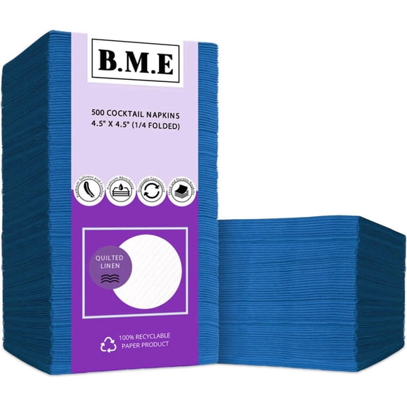 500 Pack Blue Cocktail - Bulk Paper Eco-Friendly- Disposable Square Bar Napkin for Parties- Soft & Absorbent Dinner - Beverage for Weddings, Restaurants and Everyday Use