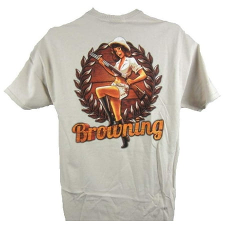 Mens Browning Hunting Girl Shotgun Buckmark T-Shirt Sand Beige