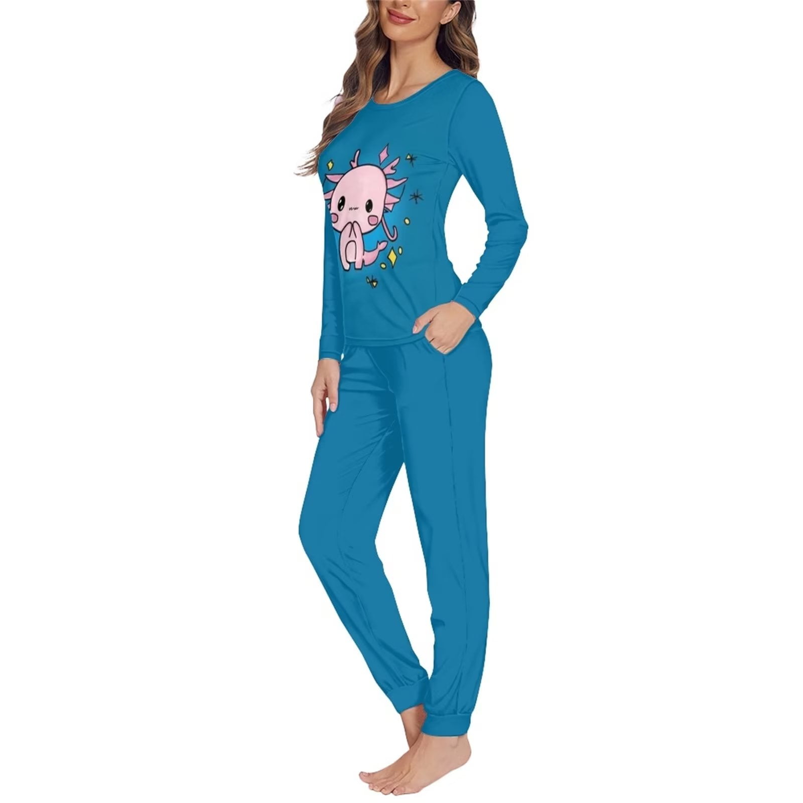 Pzuqiu Skin Friendly Women Sleepwear Plus Size 2PCS Pajama Snug-Fit  Sleepwear Athletic Clothing for Vacation/Home Party,Size L Softness Scoop  Neck Loungewear Cute Axolotl Print 