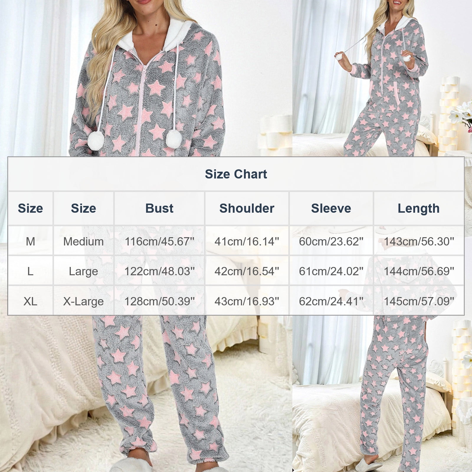 Womens Fleece Onesies Pajamas Jumpsuit Warm Sherpa Romper Sleepwear One Piece Zipper Hooded Star Graphic Loungewear (XL, Gray)