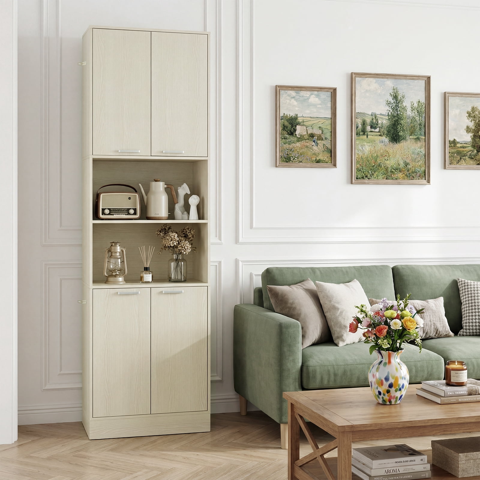 Costway Kitchen Pantry Cabinet, 75” Tall Freestanding Cupboard with Doors & Shelves Light Oak
