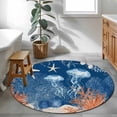 thumbnail image 4 of Summer Ocean Round Living Room Rugs 3.3 ft, Coastal Jellyfish Orange Corals Shells Dark Blue Washable Area Rug with Non-Slip Sturdy Edge Binding Round Front Door Mat Floor Carpet for Entryway, 4 of 9