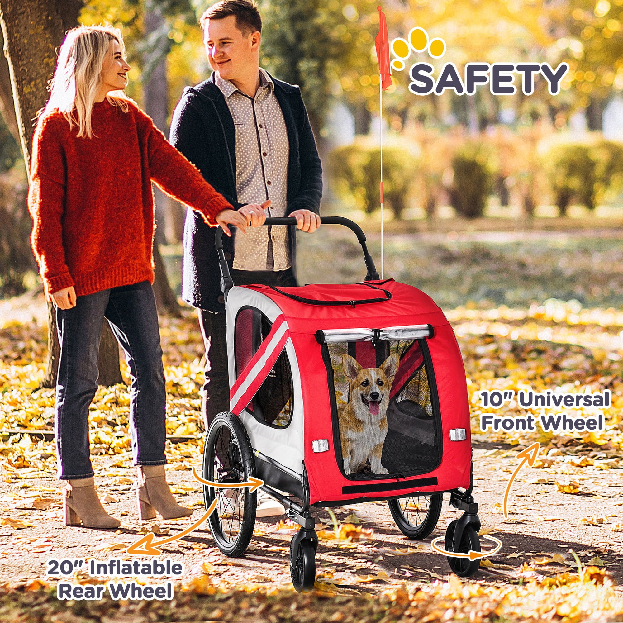 2-in-1 Pet Bike Trailer for Small Dogs, Road-Visibility Bicycle Stroller, Weather-Strong Bike Wagon Trailer Sidecar Attachment, Red