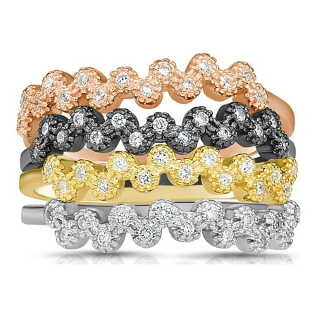 Tilo Jewelry .925 Sterling Silver Set of 4 Rings with Cubic Zirconia CZ Stones | Size 5 | Women & Unisex