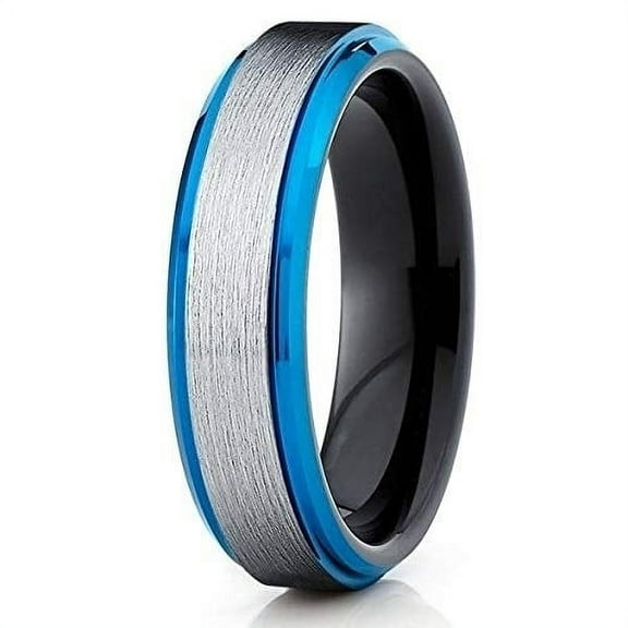 Silly Kings Jewelry Black Wedding Band - Blue Tungsten Ring - Silver Brush - Tungsten Ring (13)