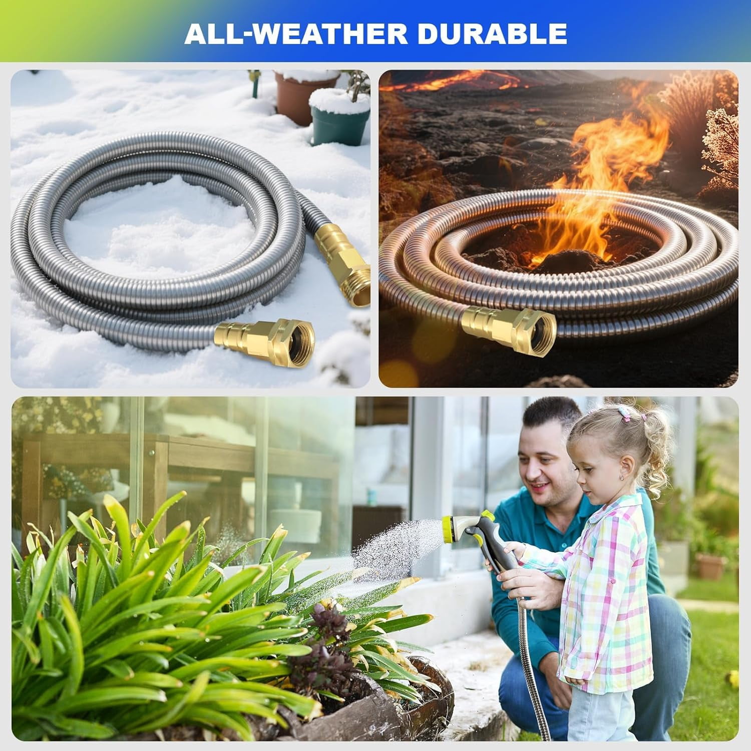 25 ft Metal Garden Hose - 304 Stainless Steel Water Hose with Nozzle Sprayer, Flexible, Lightweight, No Kink, Heavy Duty for Outdoor Use