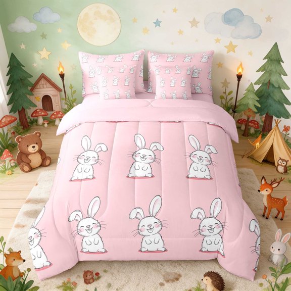 Erosebridal Bunny Twin Bedding for Girls, Happy Faces Bedding Comforter Set, Pink Reversible 7-Piece