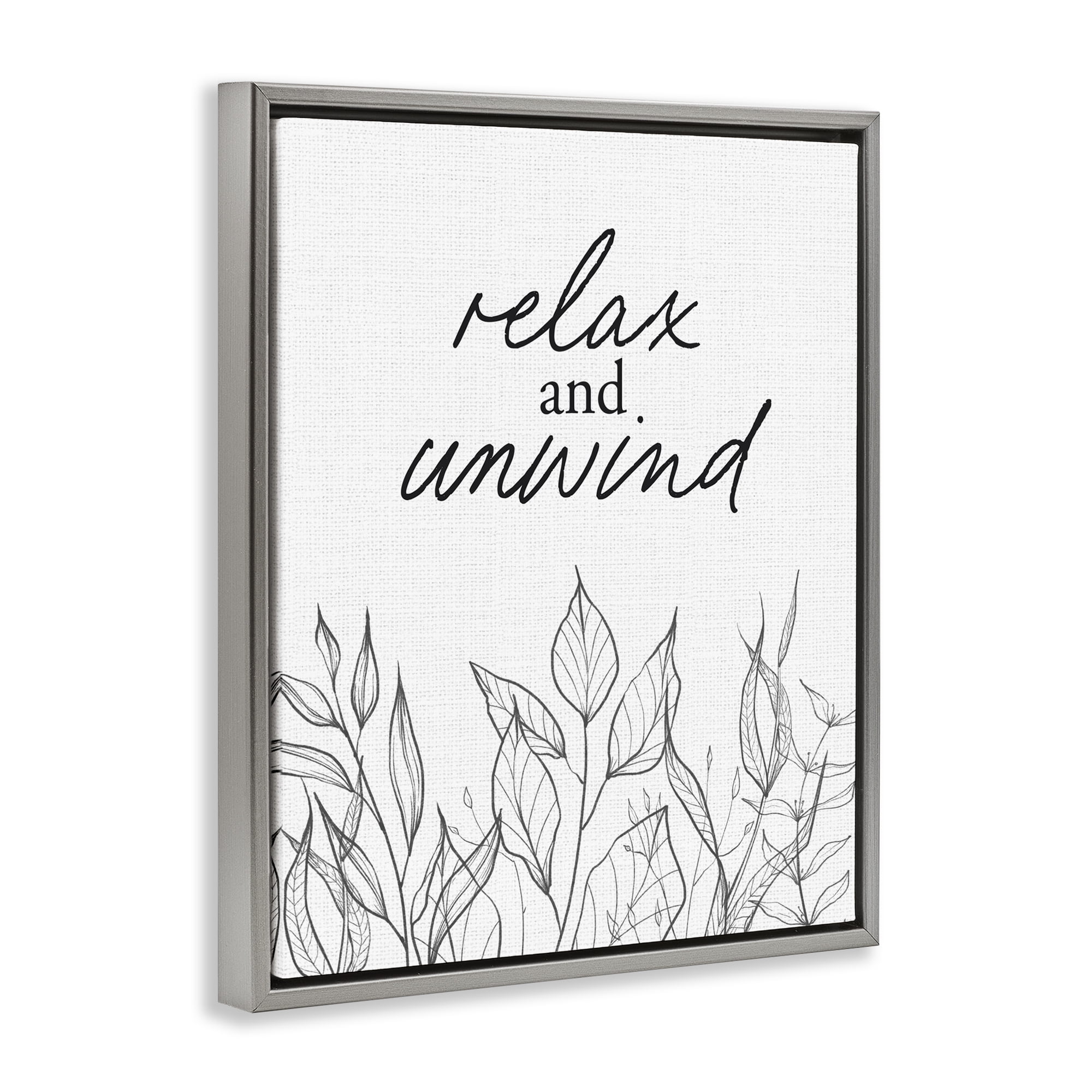 Relax Unwind Minimalist Leaves Gray Framed Floater Canvas Wall Art, design by Lettered and Lined