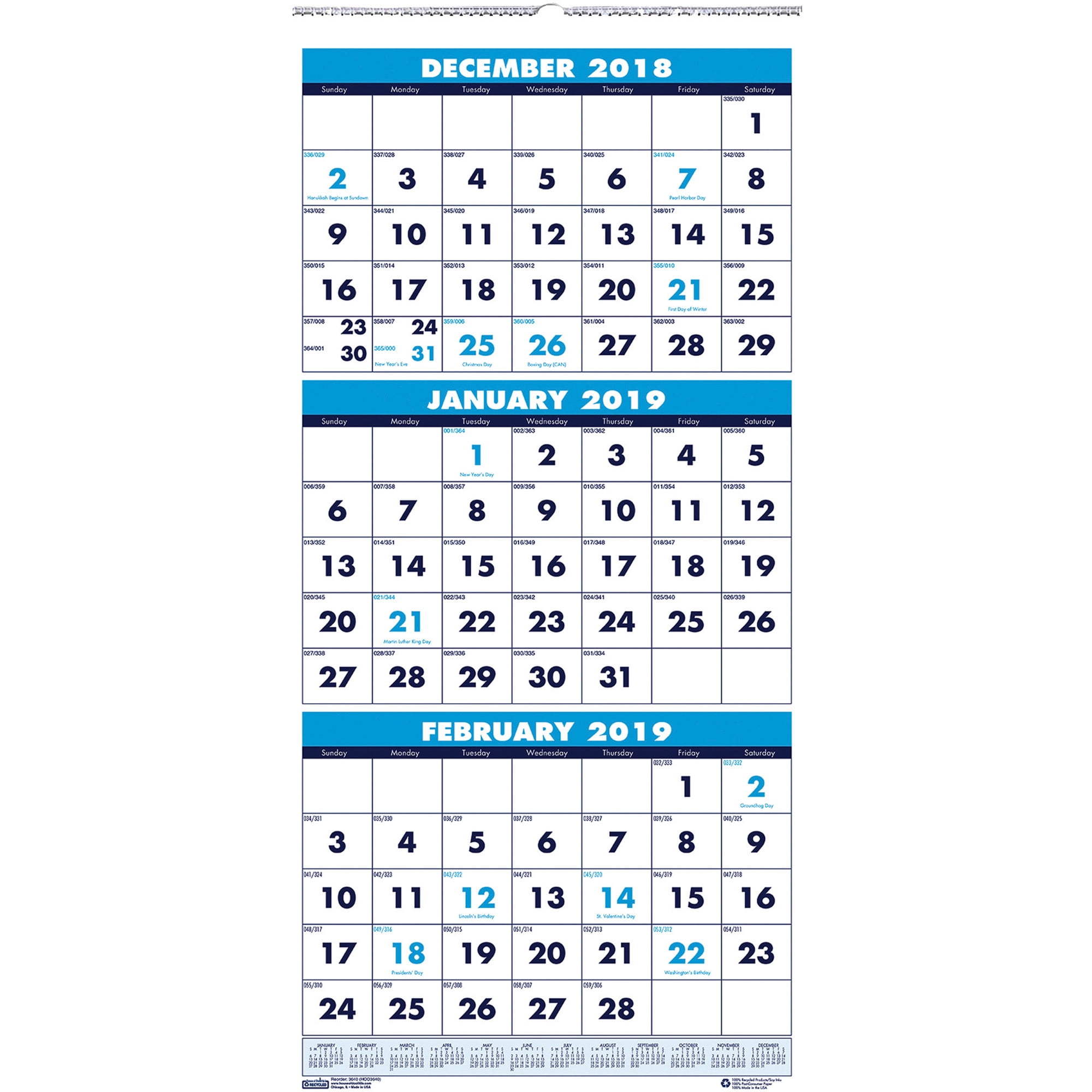 House of Doolittle, HOD3640, Three-month Vertical Wall Calendar, 1 Each, Blue