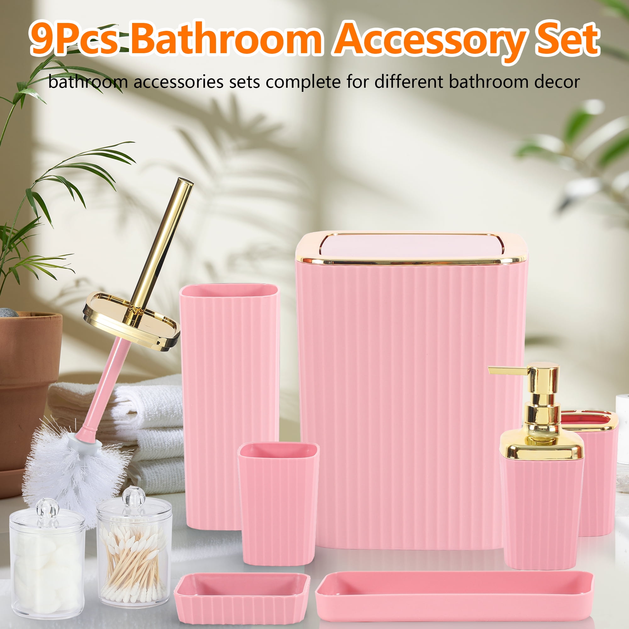 Bathroom Accessories Set,9 Piece Pink Bathroom Sets Complete With Toothbrush Holder, Trash Can, Lotion Soap Dispenser, Toothbrush Cup, Vanity Tray, Soap Dish, Toilet Brush, Qtip Holder