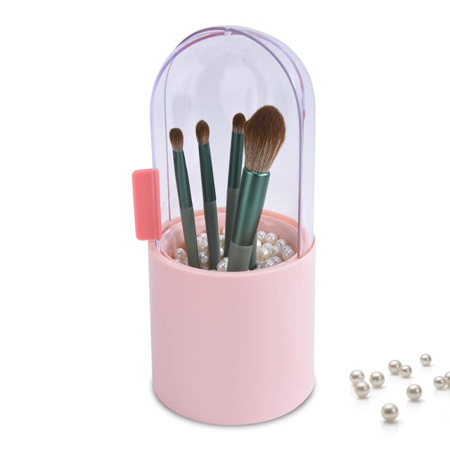 Makeup Brush Holder Covered Makeup Brushes Case Large Capacity Brushes Organizer Cosmetics Brushes Storage Box with Lid Brushes Display Case Sliding Dustproof Cover with Free White Pearl