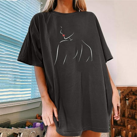 

Christmas on Sales Clearance! up to 30% off Qiaocaity Women s Fashion Summer Round Neck Drop Sleeve Leisure Short Sleeve Printing Tops Dark Gray XXL