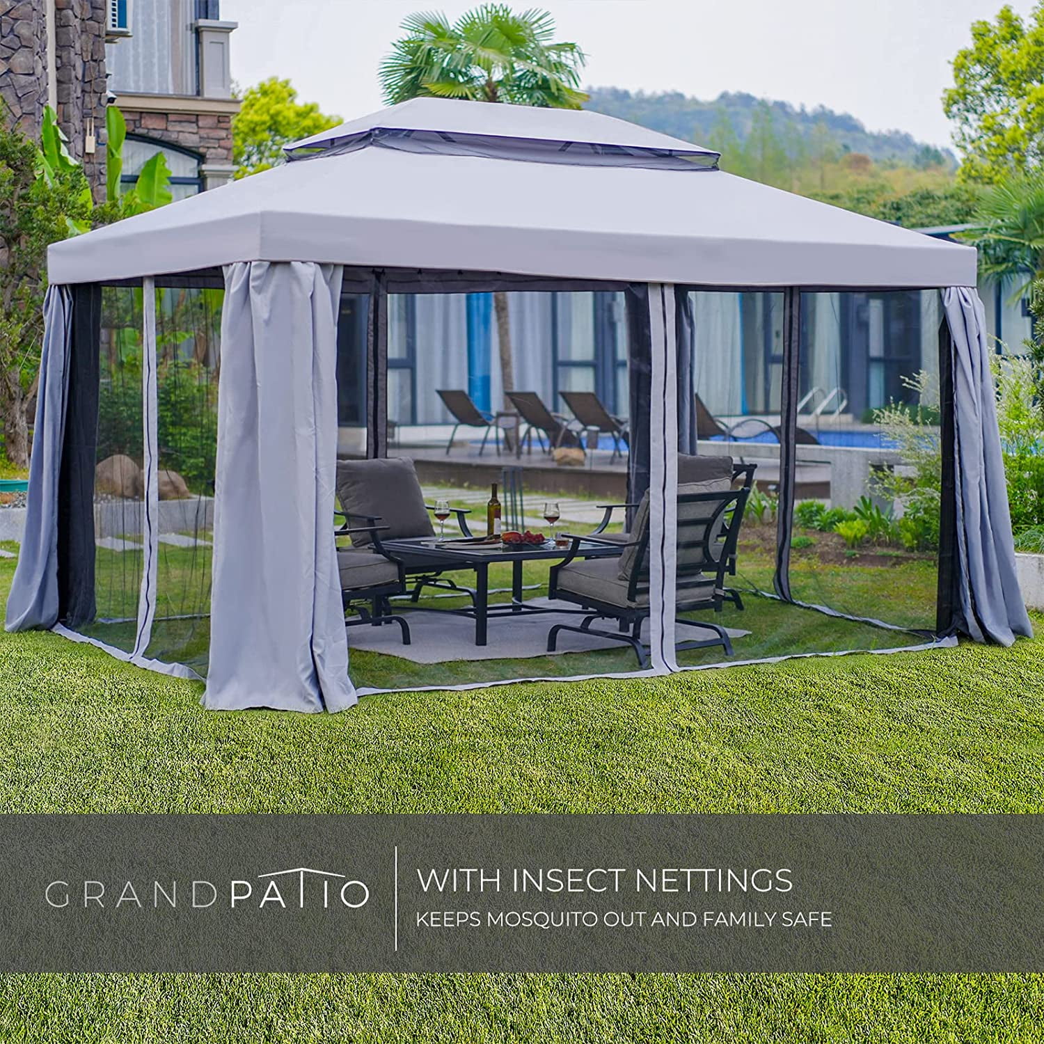 10"x13" Outdoor Patio Gazebo with Zipped Shade Curtains, Grey