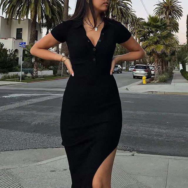 Puntoco Moda De Mujer Verano Elegante Moda Sexy Solapa Manga Corta Vestido Con Abertura Negro S,Regalos Para Mujer Joven