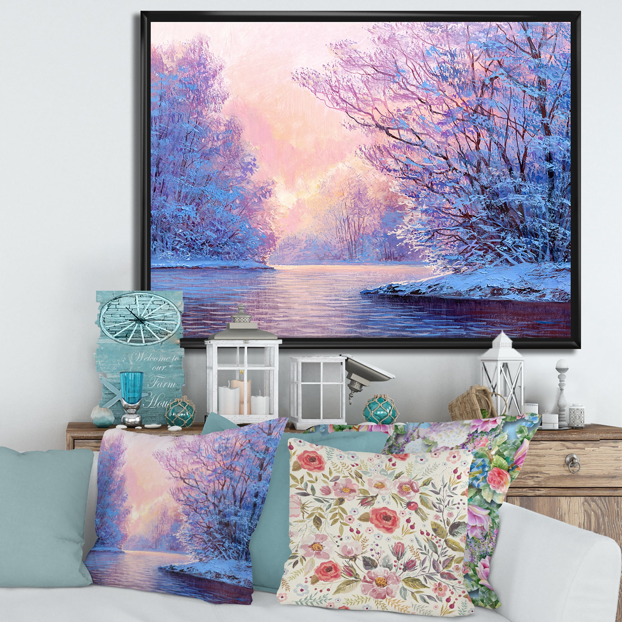 Designart 'The River Original With Winter Landscape' Lake House Framed Canvas Wall Art Print
