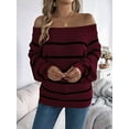 thumbnail image 6 of Off Shoulder Striped Sweater Women Fall Fashion Casual Knit Sweaters Pullover Y2k Cute Tops Wine Red L, 6 of 9
