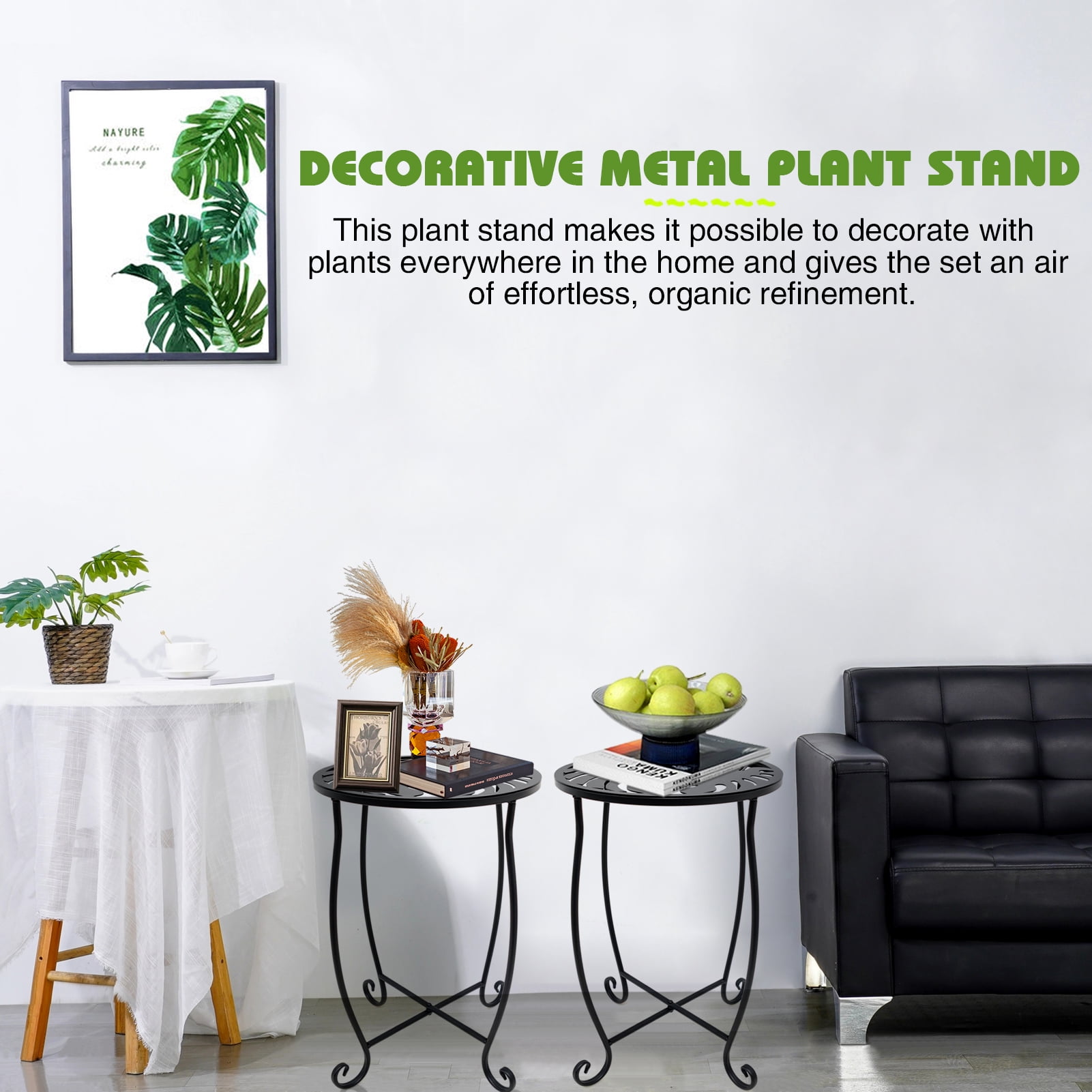 2 Pack Indoor Outdoor Side Tables, Weather Resistant Metal Patio Side Table, Small Round Outdoor End Table Side Table for Patio Yard Porch Balcony Garden Bedside, Plant Stand for Indoor Outdoor