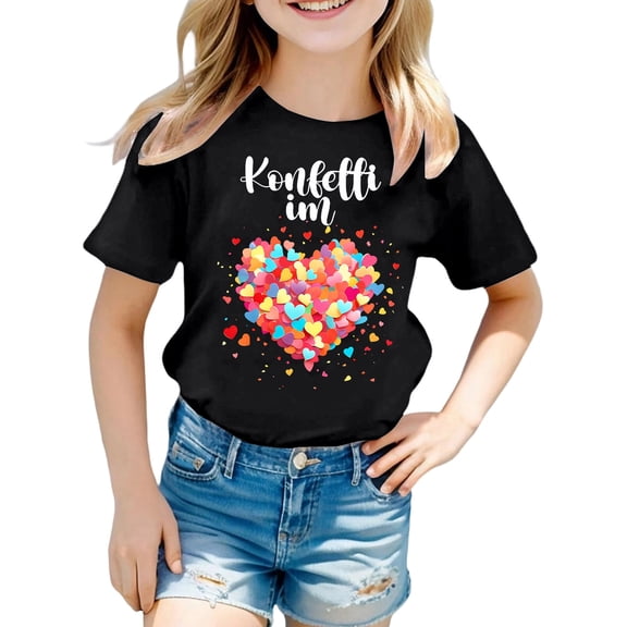 XEGLSBU Girls Short Sleeve Shirts Size 8-9 Girls Casual Short Sleeve T Shirt with Print Crew Neck Tee for Kids Daily Wear Black Size 12-14 Years