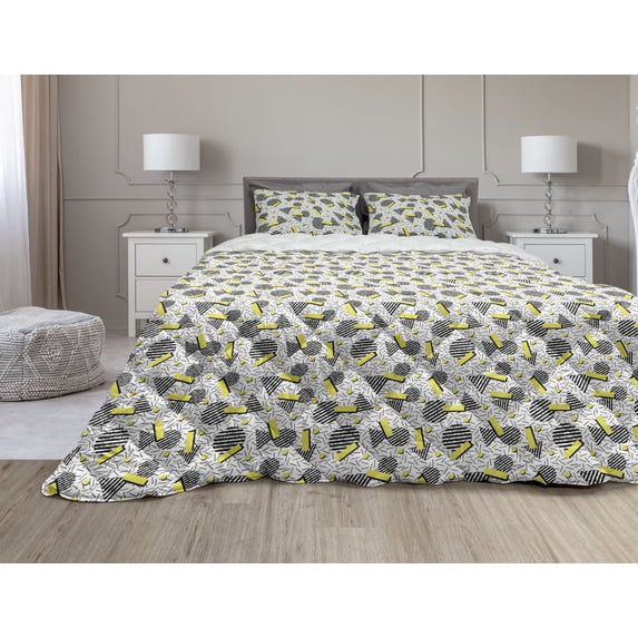 Geometric Comforter & Sham Bedding Set, Line Art with Circle Triangles and Chevron Zigzags Vintage Art Print, 3 pcs Duvet Set Microfiber Filling Quilt, 5 Sizes, Yellow Black White, by Ambesonne