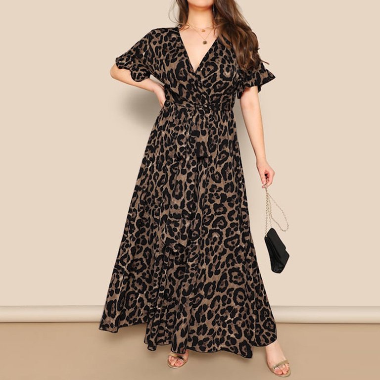 MNCEKFOD Summer Dresses for Women 2025 High Waisted Leopard Print Plus Size Bandage V-Neck Plus Size Flowy A Line Dress Black Tank Loose Sundresses