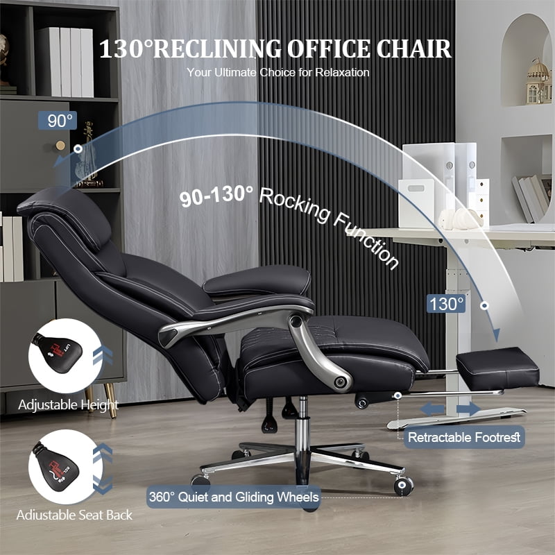 XUEGW Wide Seat Big and Tall Executive Office Chair, 600 lbs Heavy-Duty Ergonomic Desk Chair with Lumbar Support & Headrest, Luxury Leather Chair with Leg Rest, Black