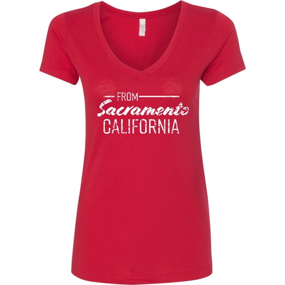 Inktastic From Sacramento California in White Distressed Text Women's V-Neck T-Shirt