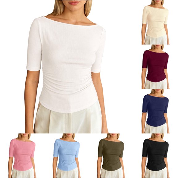 Knit T Shirt for Daily Wear Comfortable Casual Solid Color Mid Sleeve Round Neck Top Women’s Everyday