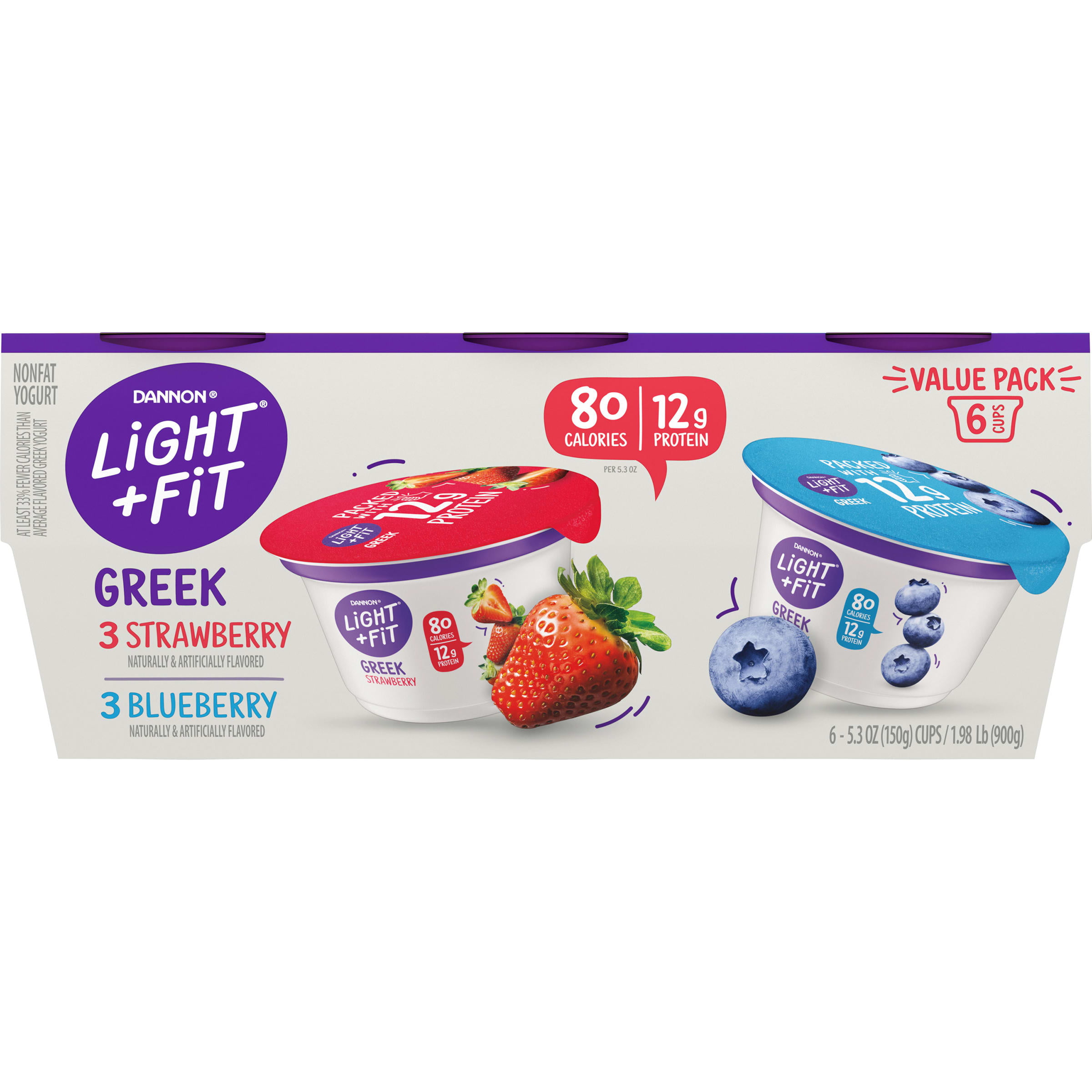 Light + Fit Strawberry/Blueberry Variety Pack Greek Yogurt, 5.3 Oz. Cups, 6 Count