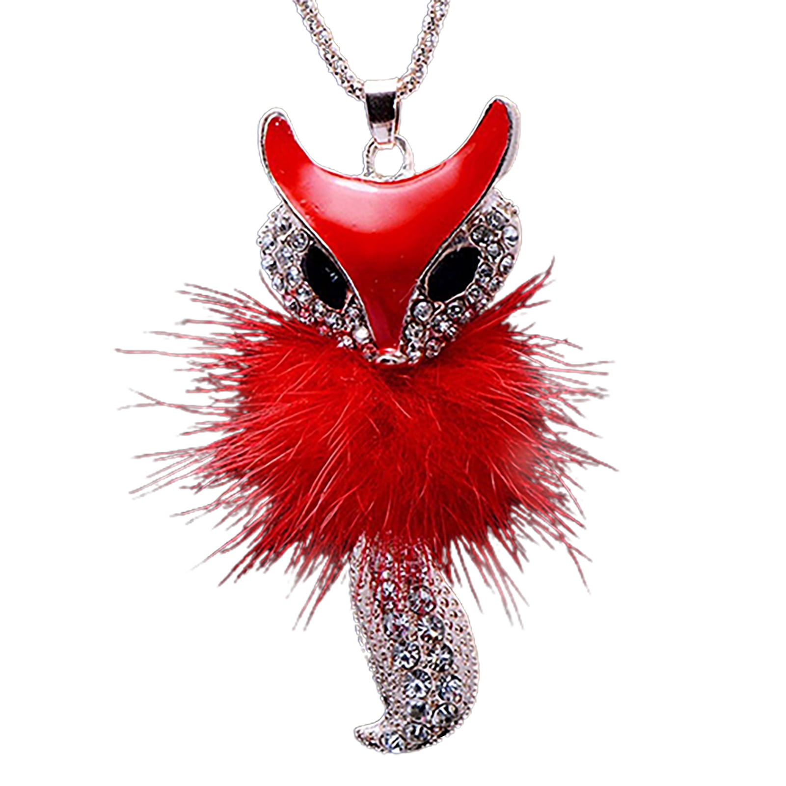 Women Rhinestone Faux Fur Fox Pendant 