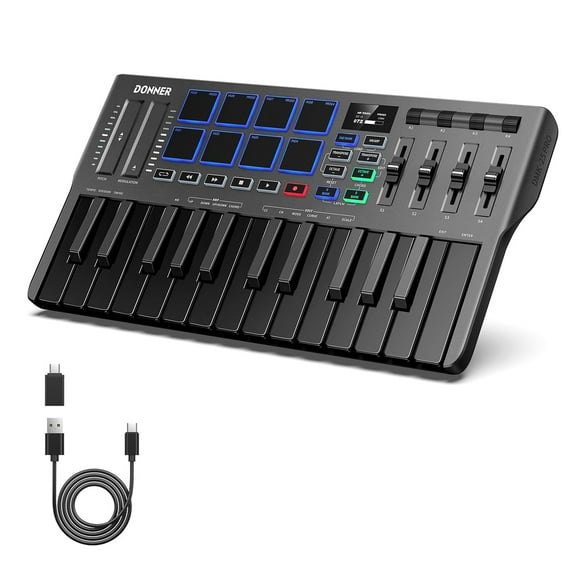Donner Teclado Controlador MIDI USB-C, Mini Teclado MIDI Portátil de 25 Teclas con 8 Pads de Batería, Pantalla OLED, 16 Escalas Inteligentes, Arpegio, Reproducción, 4 Software DAW y 40 Cursos de Enseñ