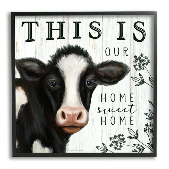 Stupell Industries Our Home Sweet Home Phrase Dairy Farm Cow Animals & Insects Painting Black Framed Art Print Wall Art, 12 x 12