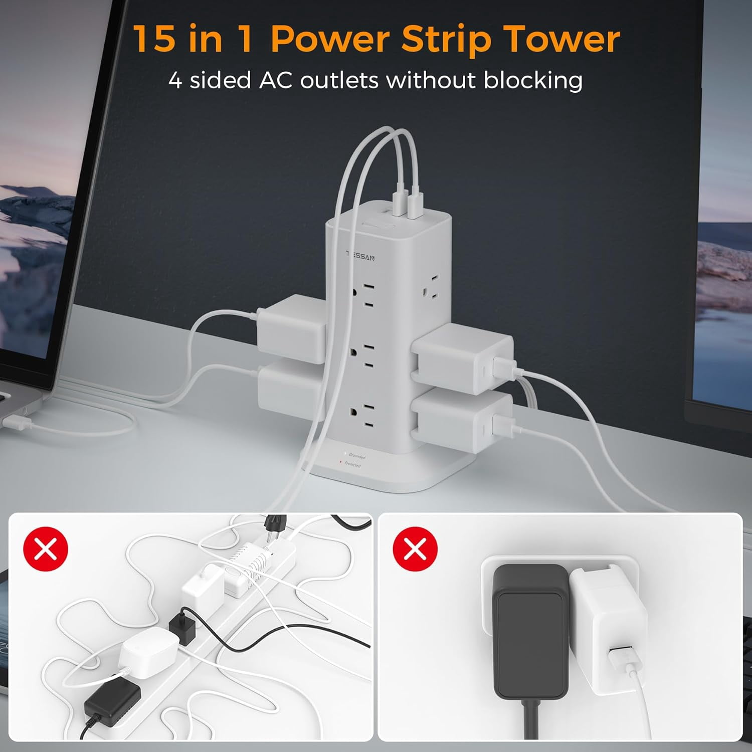 YUNZII Surge Protector Power Strip Tower, 12 Outlets 3 USB Ports (1 USB C), Flat Plug 6FT, 900J, Black