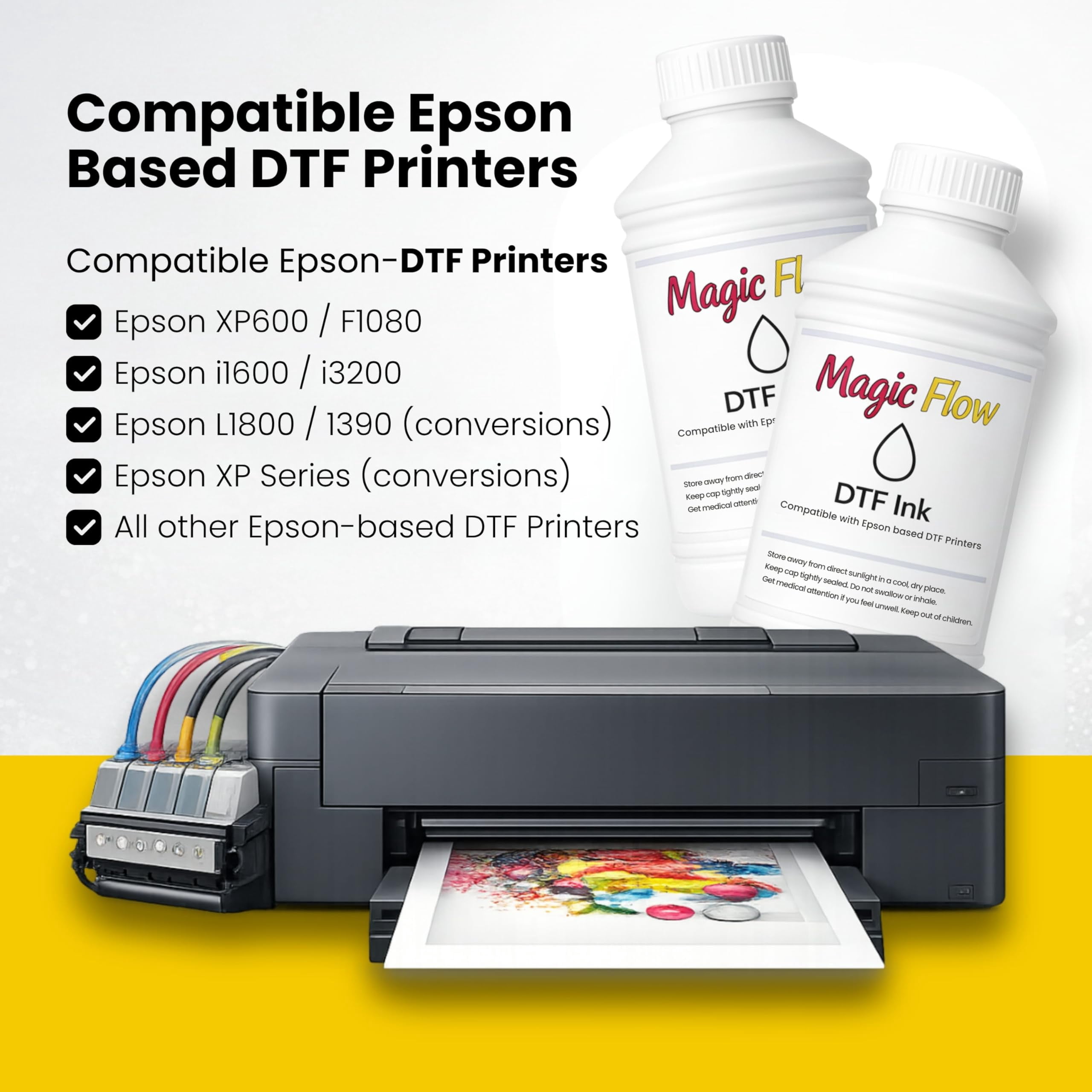 Magicline Solutions MagicFlow White DTF Ink 1000ml - High Opacity, Low Sedimentation White Transfer Ink for Epson XP600, i1600, i3200, L1800 & Epson-Based Printers