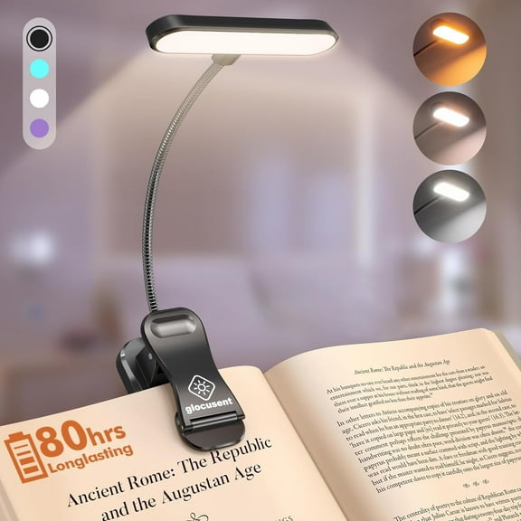 Glocusent Horizontal ET-Head Book Light for Reading in Bed, Eye Caring, CRI 95, 3 Colors & 5 Brightness, Rechargeable Long Lasting Reading Light
