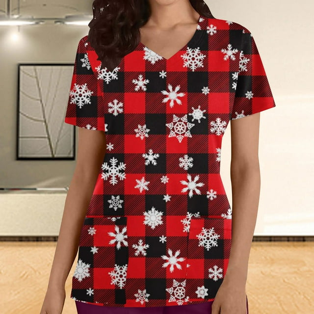 LSLJS Hauts à Manches Courtes à Col en V pour Femmes, Blouse à Poche Imprimée d'Uniforme de Travail, Hauts de Sarrau de Noël