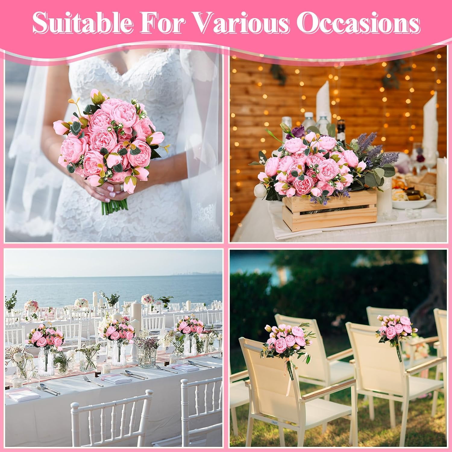24 Bundles Artificial Peonies Flowers Wedding Faux Flowers Silk Peony Bouquet Bulk Bride Fake Florals Arrangements for Table Centerpieces Wedding ​Party Vase Decor (Light Pink)