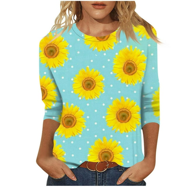 KIHOUT Nouvelles Arrivées Hauts pour Femmes Manches 3/4 Chemises Col Rond Blouses Décontractées Imprimé Floral T-shirts