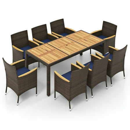 Demifill 9 Piece Outdoor Dining Set with Acacia Wood Table Top, Patio Dining Set, Navy