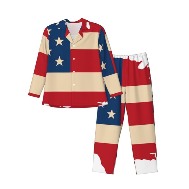 Fotbe American Flag Map Pijama de Hombre con Estampado de Manga Larga, Conjunto de 2 Piezas, Ropa de Dormir Suave y Cómoda con Bolsillos-Small