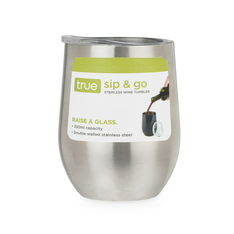 True Sip & Go Wine Tumbler - Stemless Double Walled Stainless Steel  Insulated Travel Cup with Lid - 12oz Silver Set of 1