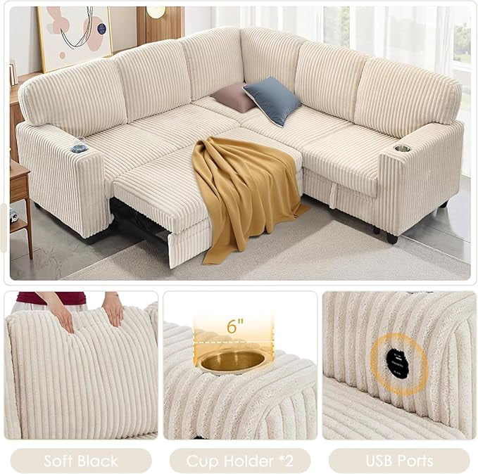 Howcool Modular Sectional Sleeper Sofa, 81" L-Shaped Oversized Cloud Couch with Pull-Out Bed, 5-Seat Corduroy Sofa with Storage Chaise, USB Charging and Cup Holders for Living Room Apartment,Beige