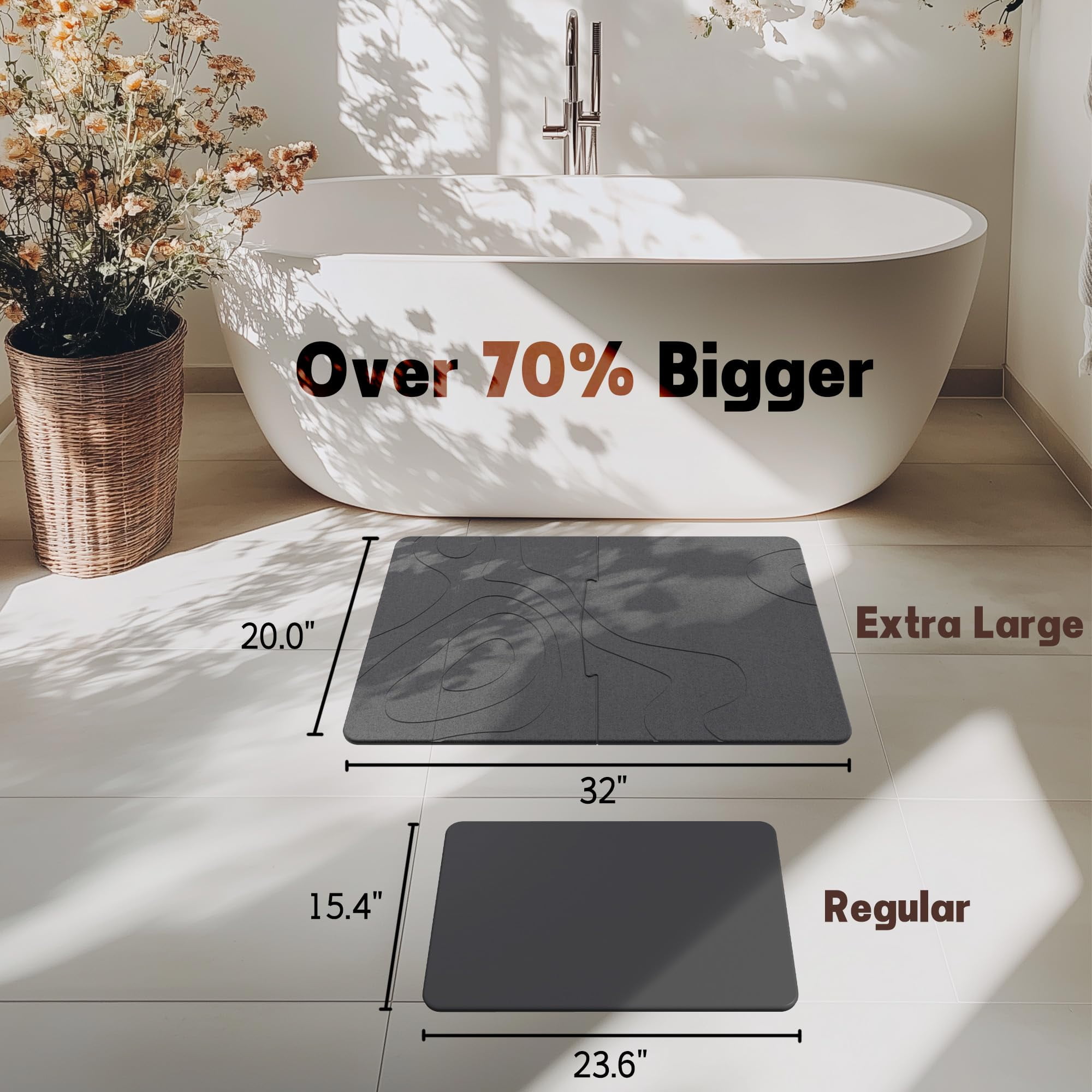 Large Stone Bath Mat, 32"x 20" Diatomaceous Earth Bath Mat for Bathroom, Quick Drying Long Bath Mat Stone Absorbing, Non-Slip Diatomite Hard Stone Shower Mat Instant Dry (Dark Grey)