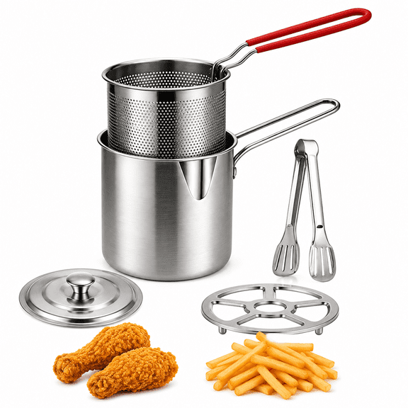 Small Stovetop Deep Fryer Pot Basket 5-Piece Complete Set