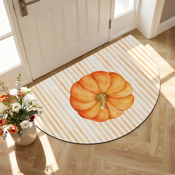 Thanksgiving Pumpkin Diatomaceous Earth Bath Mat, Fall Orange Pumpkins Cream Striped Rustic Half Round Non-Slip Quick Dry Door Mat Super Absorbent Bath Rug for Bathroom Kitchen Laundry 16x24in