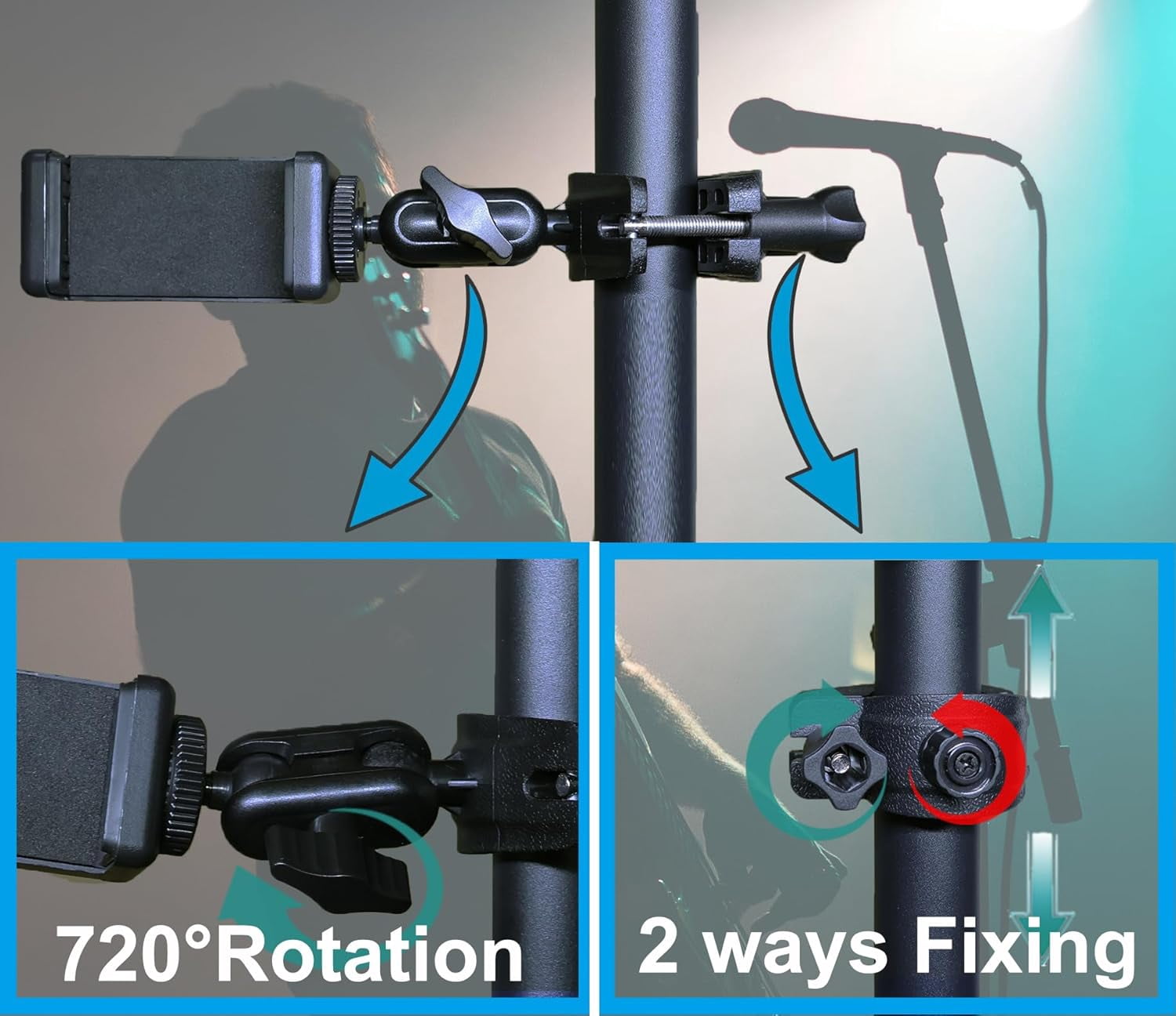 MKEUDQ-Phone Holder for Mic Stand Clamp for Music Microphone Stand Smartphone Mount Multi Angle 360° Swivel