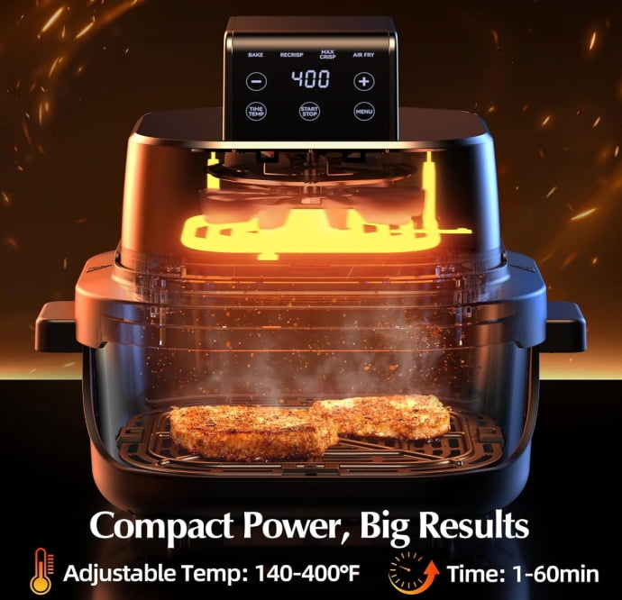 Arecovas 4-in-1 Portable Glass Air Fryer, 140–400°F Precise Heat, Max Crisp Technology, 4.2QT & 1.6QT Dual Capacity, Freezer & Dishwasher Safe, Bake, Recrisp, Air Fry